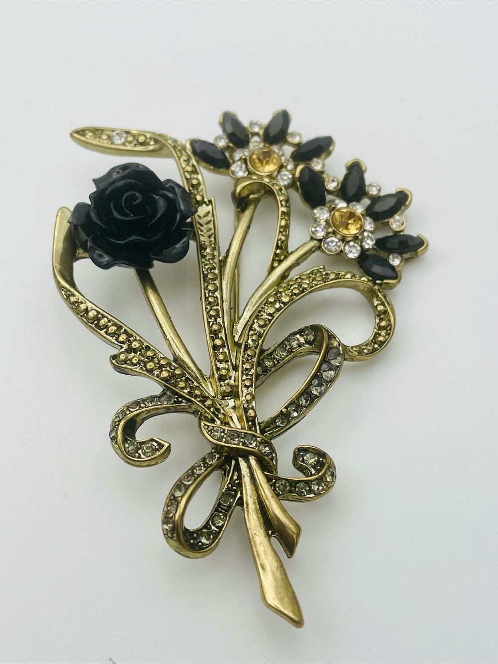 Vintage Gold-Tone Floral Bouquet Brooch with Black Rose and Crystal Accents